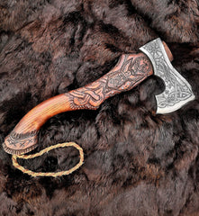 Premium Style New Addition Hand Forged Viking Axe, Craved Handle Axe