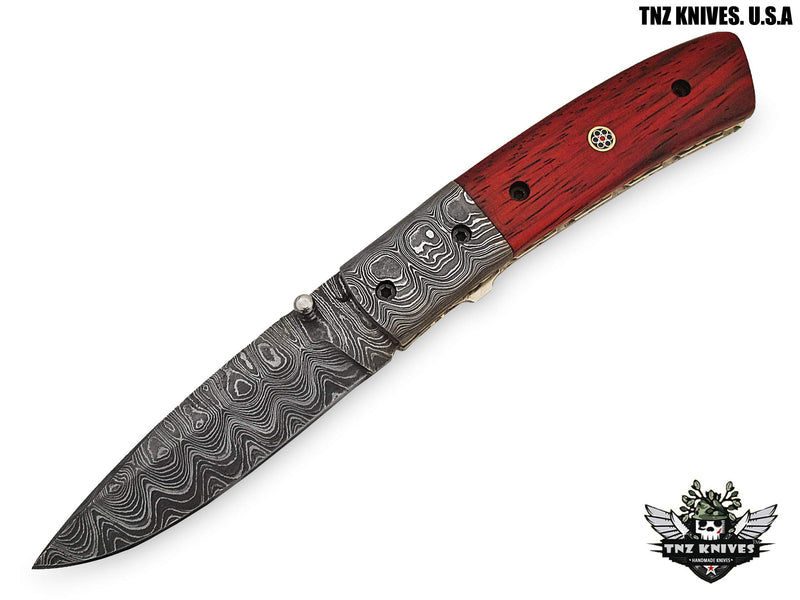 TNZ- 32 USA Damascus Pocket Folding Knife, 8" Long with Padok Wood Handle