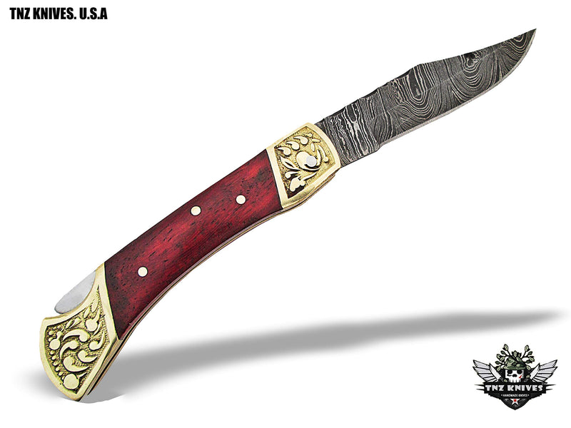 TNZ -521 USA Damascus Engraved Pocket Folding Knife, 7" Long with Padok Wood & Lock back