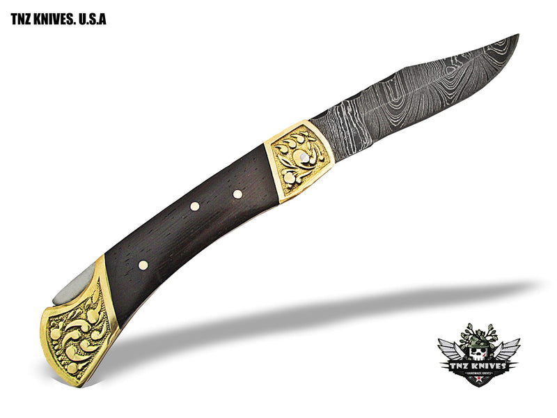TNZ -520 USA Damascus Engraved Pocket Folding Knife, 7" Long with Rose Wood & Lock back