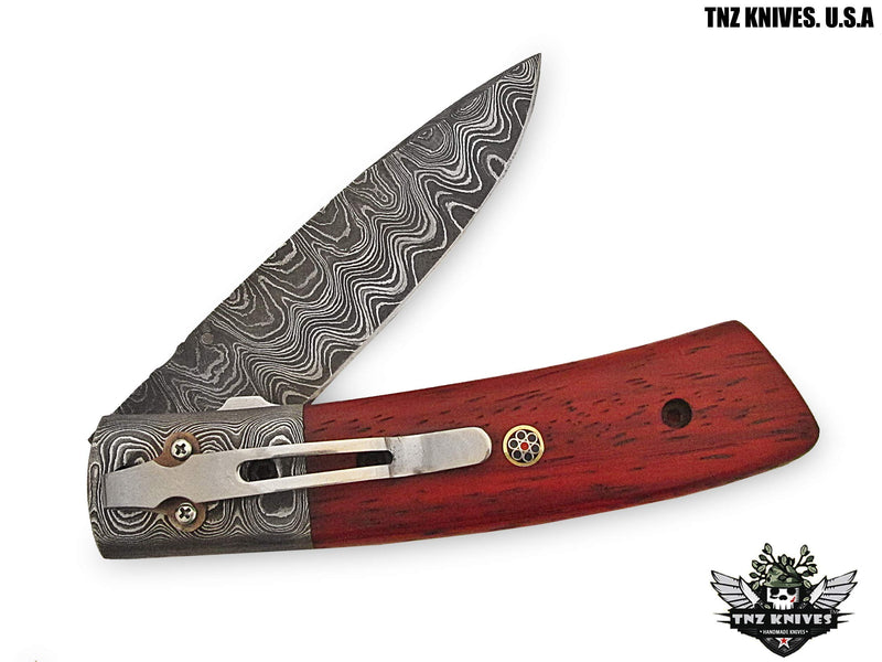 TNZ- 32 USA Damascus Pocket Folding Knife, 8" Long with Padok Wood Handle