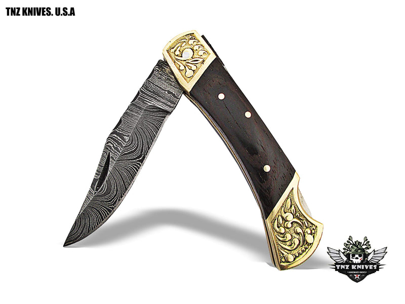 TNZ -520 USA Damascus Engraved Pocket Folding Knife, 7" Long with Rose Wood & Lock back