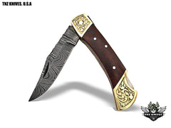 TNZ -519 USA Damascus Engraved Pocket Folding Knife, 7