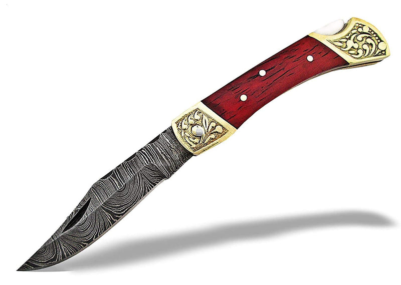 TNZ -521 USA Damascus Engraved Pocket Folding Knife, 7" Long with Padok Wood & Lock back
