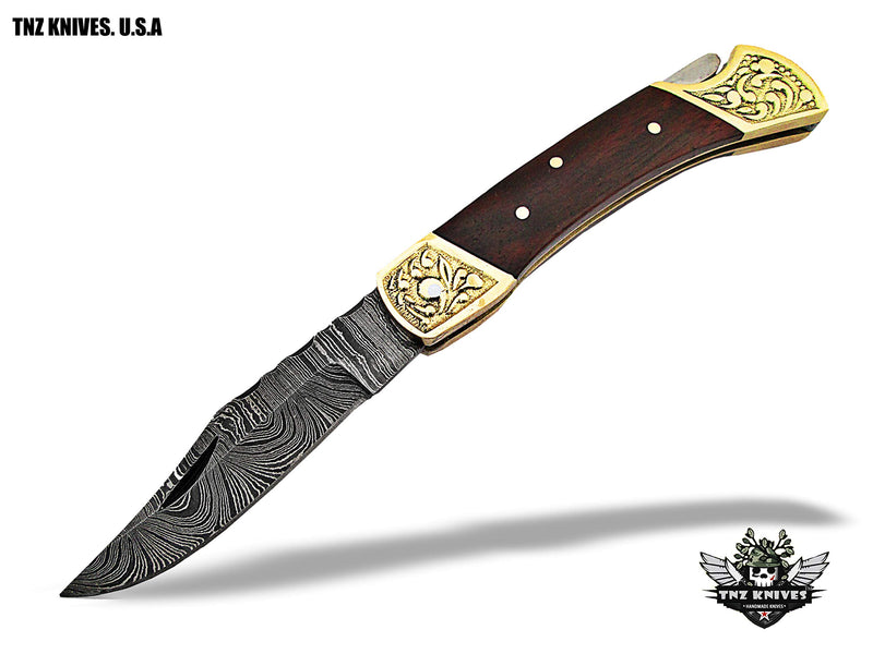 TNZ -519 USA Damascus Engraved Pocket Folding Knife, 7" Long with Rose Wood & Lock back