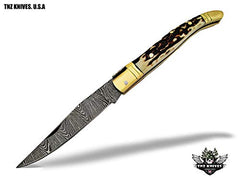 TNZ-501 USA Damascus Gift LAGUIOLE Folding Knife with Stag Horn Handle