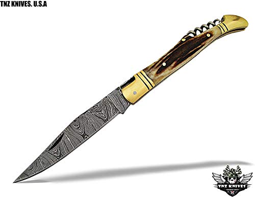 TNZ-502 USA Damascus Gift LAGUIOLE Folding Knife with Stag Horn Handle