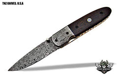 TNZ- 470 USA Damascus Pocket Folding Knife, 8″ Long with Wenge Wood Handle