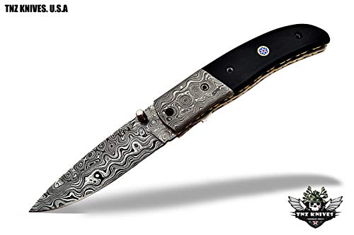 TNZ-464 USA Quality Damascus Folding Knife, 8" Long With Wenge Wood & Liner Lock