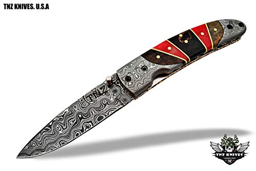 TNZ-462 USA Damascus Pocket Folding Knife,8" Long with Stained Wood $ Liner Lock
