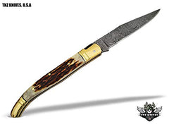 TNZ-503 USA Damascus Gift LAGUIOLE Folding Knife with Stag Horn Handle