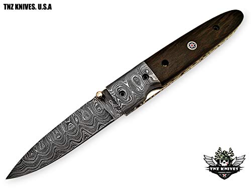 TNZ- 29 USA Damascus Pocket Folding Knife, 8" Long with Rose Wood & Line Lock