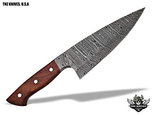 TNZ-551 USA Damascus Handmade Chef Kitchen Knife 12" Long With Rose Wood Handle