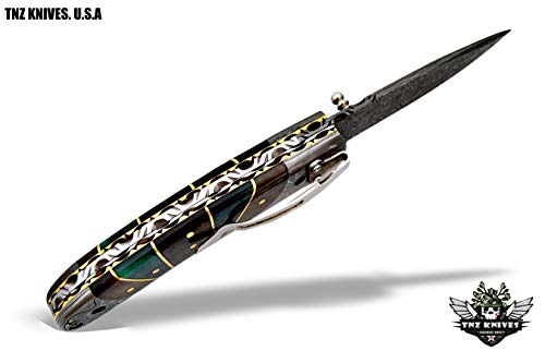 TNZ-463 USA Damascus Pocket Folding Knife, 8" Long with Stained Bone &Liner Lock