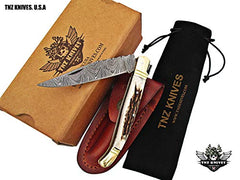 TNZ-503 USA Damascus Gift LAGUIOLE Folding Knife with Stag Horn Handle