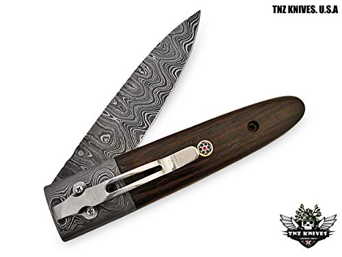 TNZ- 29 USA Damascus Pocket Folding Knife, 8" Long with Rose Wood & Line Lock