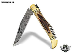 TNZ-502 USA Damascus Gift LAGUIOLE Folding Knife with Stag Horn Handle